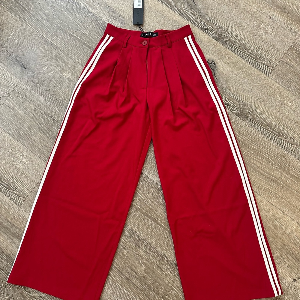 Lioness Red Wide-Leg Pants with White Stripes